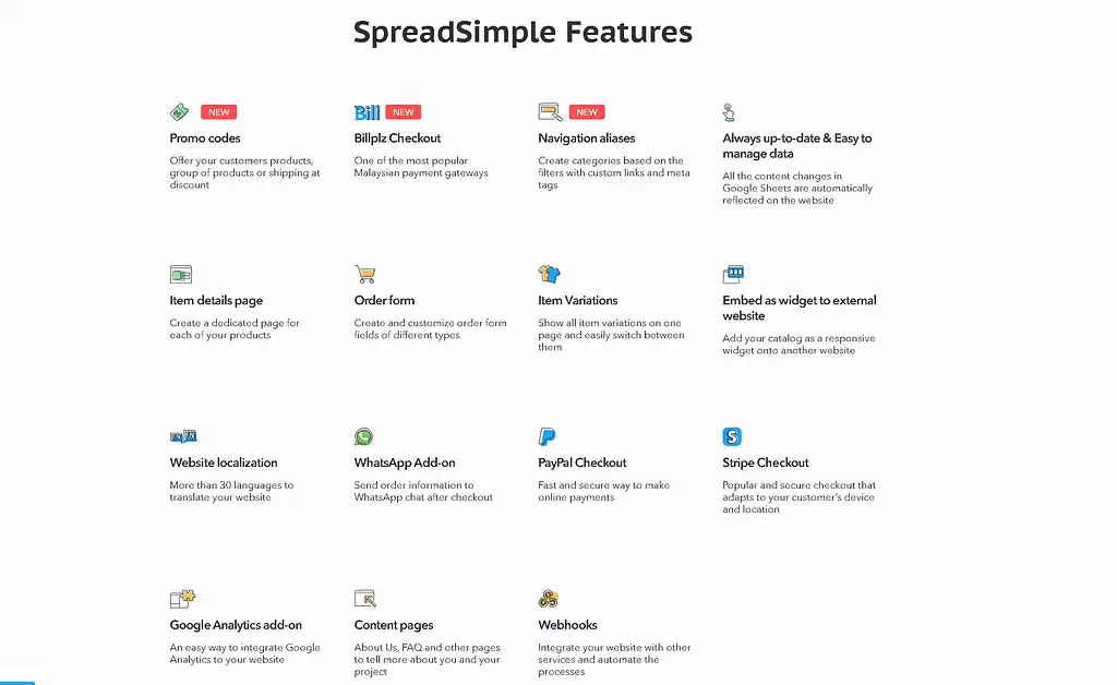 SpreadSimple key features